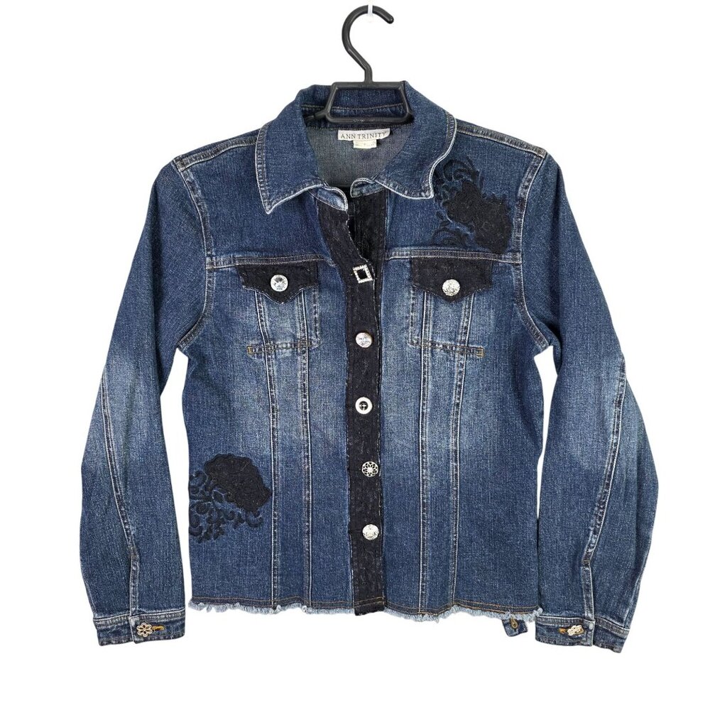 Womens Ann Trinity Blue Denim Jacket Lace Appliqué & Crystal Buttons Cotton S